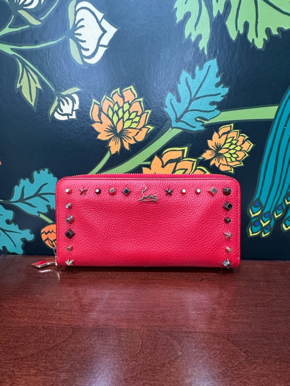 Christian Louboutin Red Studded Zip Around Wallet Leather Spike Star Continental - Picture 4 of 14